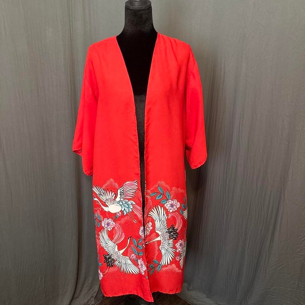 Unbranded Kimono Robe Women One Size Red Crane Floral Excellent Boho Festival
